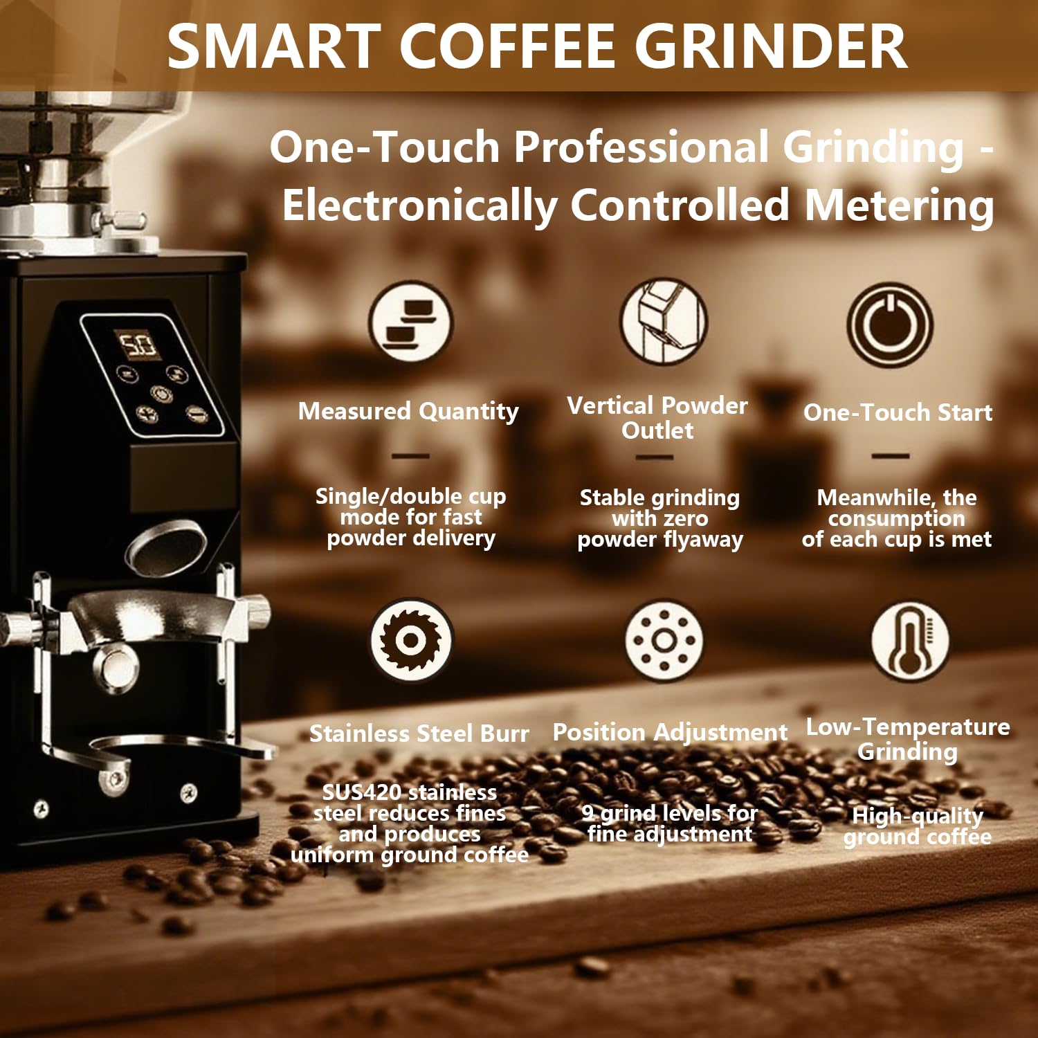 Młynek do kawy, młynek do espresso, młynek do ziaren kawy 350w, z panelem LED i pojemnikiem na ziarna o pojemności 1 lb, podwójny tryb dozowania, 9 ustawień grubości/mielonej kawy. (Black)