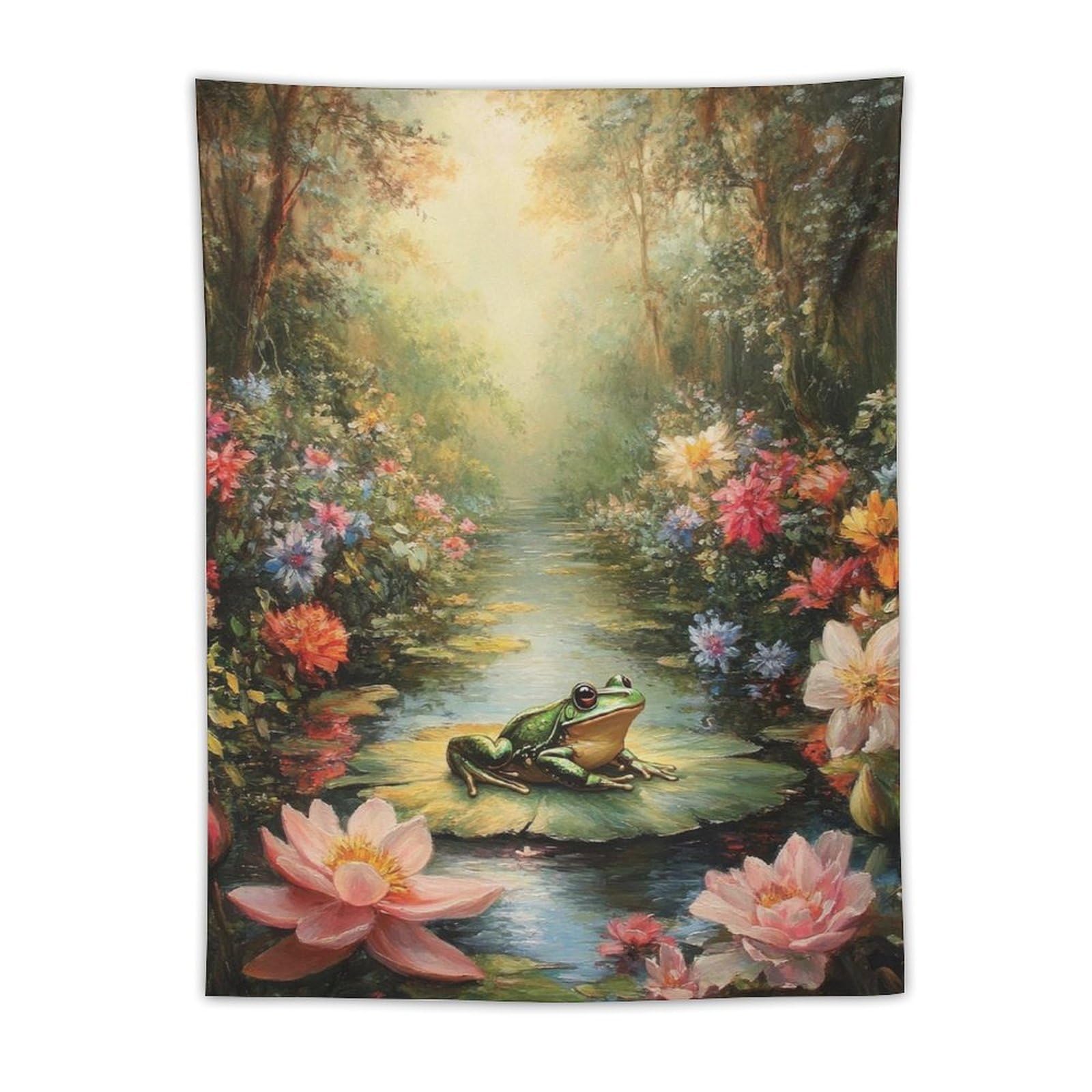 Whimsical Frog Lily Pad Pond Tapestry Wall Hanging Floral Garden Forest Landscape Art For Living Room Bedroom Dorm Apartment Cottagecore Nature Vibrant Springtime Decor30 x40 Tapestry