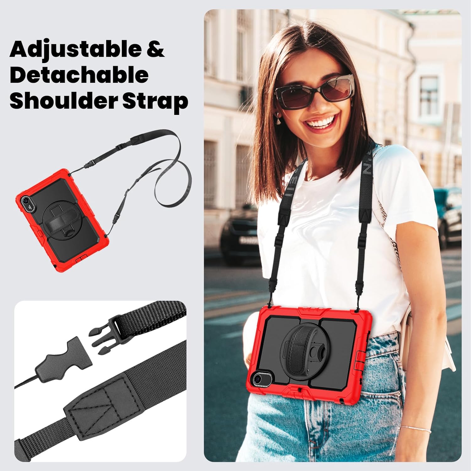 Compatible with Xiaomi Redmi Pad 2 11 inch Released 2025 Case with Screen Protector Heavy Duty Shockproof Protective Case Drop-Proof Cover Swivel Kickstand+Handle+Strapp Silicone Cover(Red)