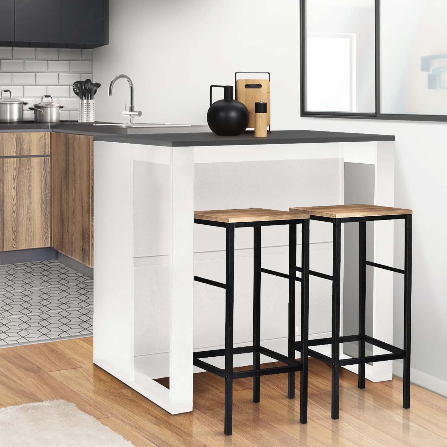 IDMarket - Tavolo bar a isola JUNO, legno bianco e piano grigio