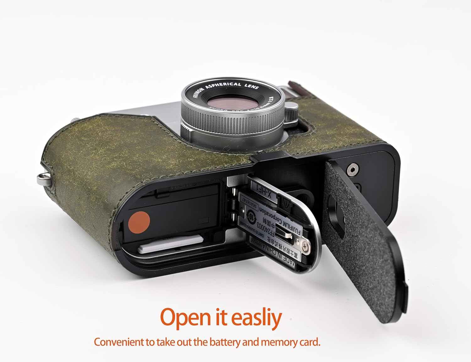 Handmade Genuine Leather Camera Half Case for FUJIFILM X-Half/FUJIFILM X-Half Camera Case - Top Layer Cowhide Body + Metal Base Plate (Matte Green)