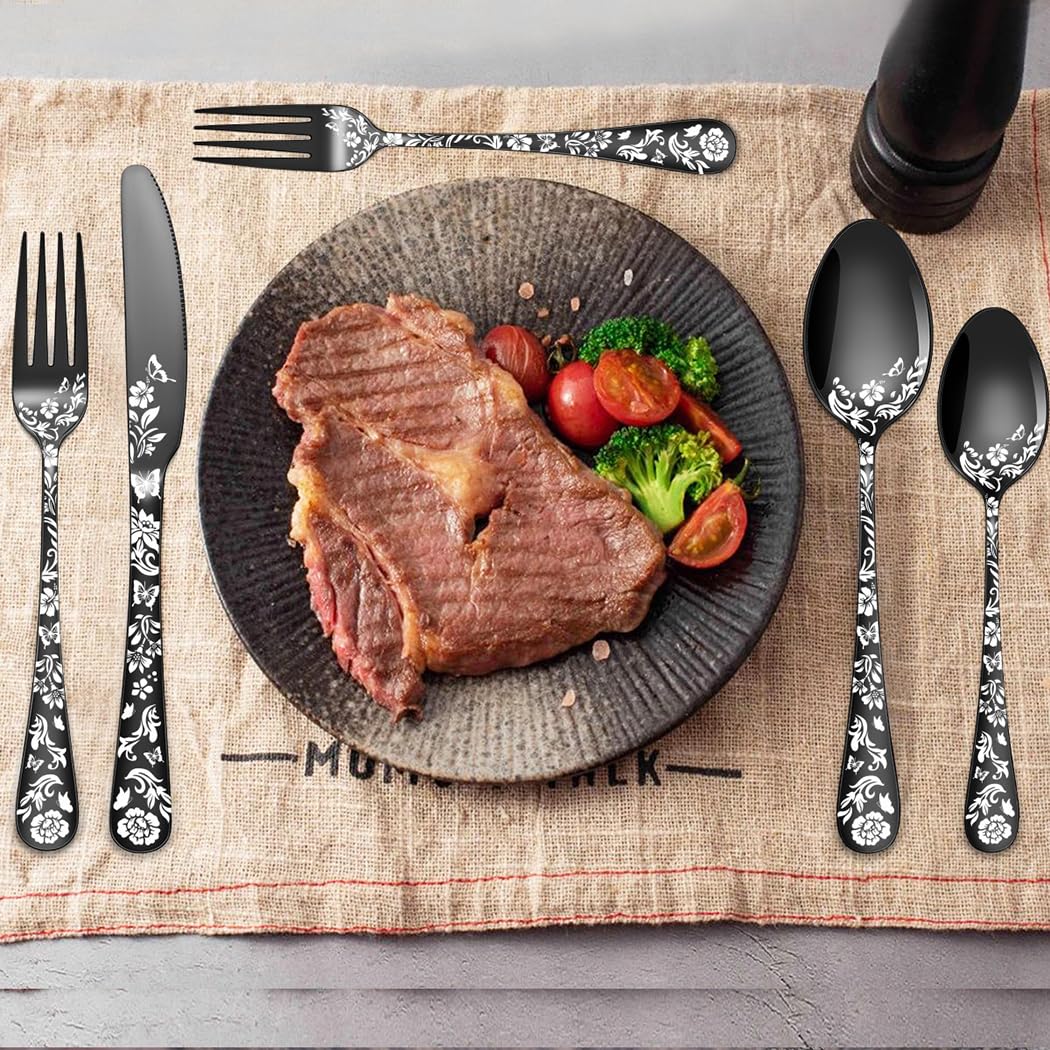 XIAOYU Juego de cubiertos negros de 40 piezas, de acero inoxidable apto para uso alimentario, para 8 personas, con diseño de mariposas y flores, ideal para restaurantes y hogar