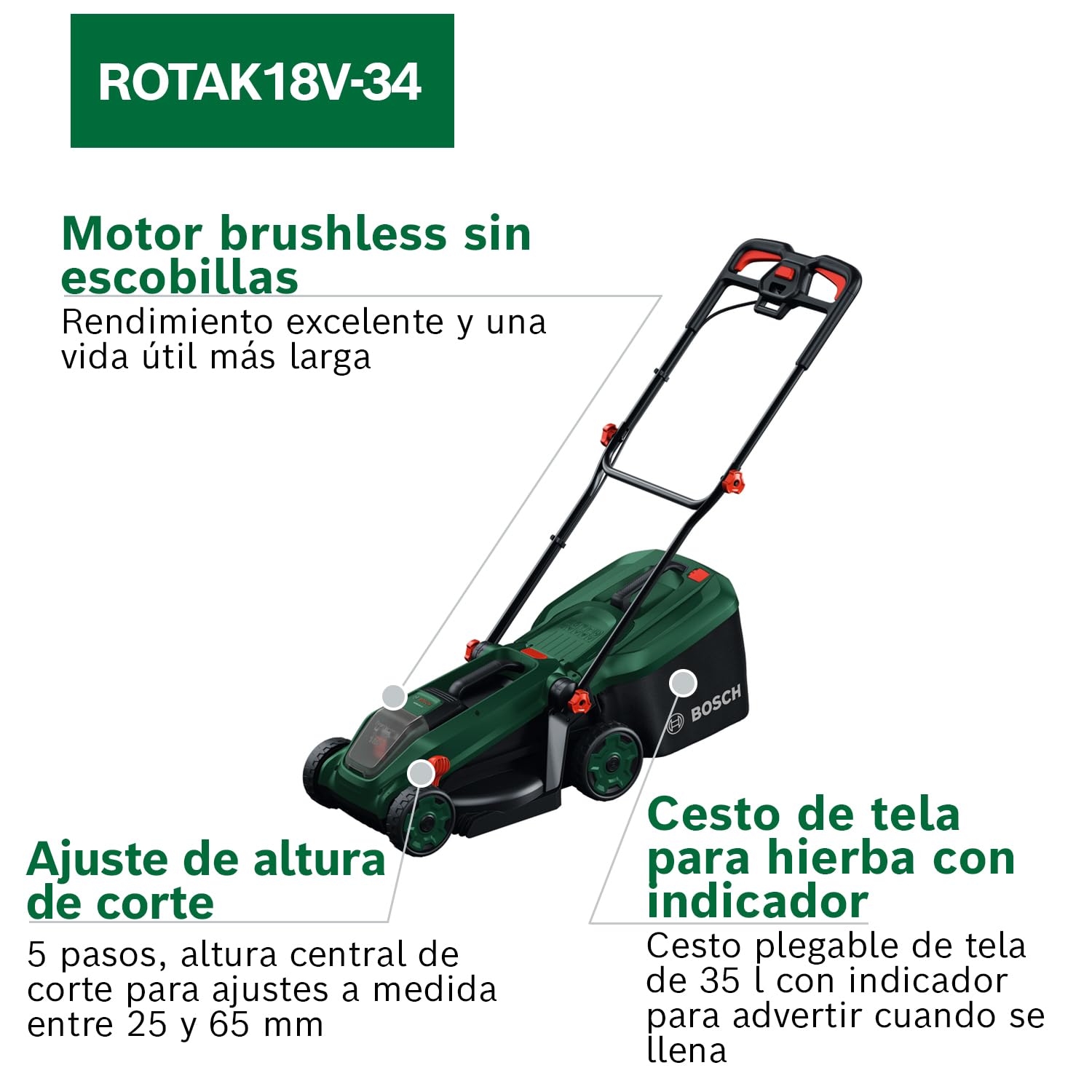 Bosch cortacésped a batería ROTAK18V-32 | anchura de corte: 32 cm, altura de corte: 25-65 mm, cesto de tela de 35 l, tapón para triturado, incluye batería y cargador