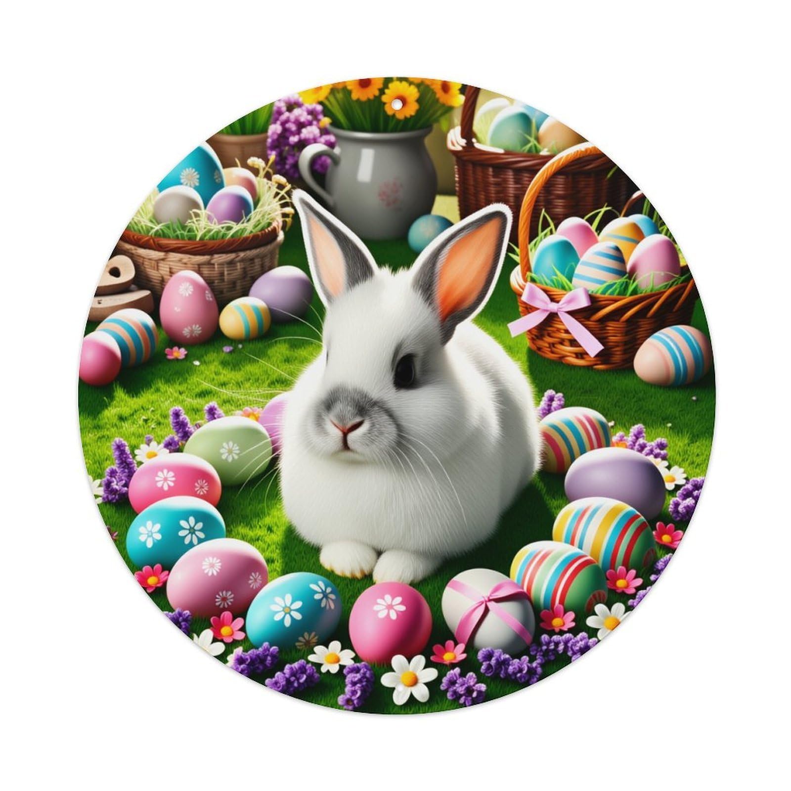 Easter Bunny Eggs Flowers Basket Round Tin Sign Vintage Style Metal Sign Home Bar Garden Wall Plaque Decor Metal Poster 8x8 Inch
