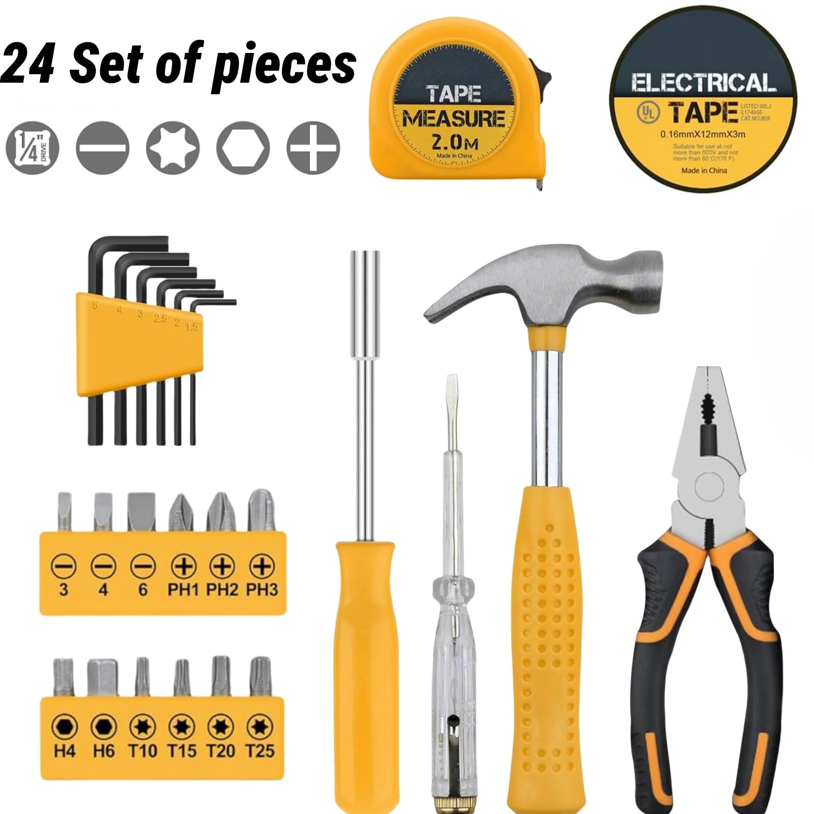 24pc Yellow Home DIY Tool Kit Set, Essential Household Hand Tools in Portable Storage Box for Home Office & Garage Repairs - Image 3
