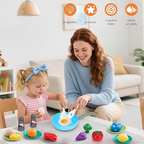 Miniatura 24 de Juego de cocina de 150 piezas, accesorios de cocina para niños pequeños, alimentos, manta de picnic, frutas, verduras, paquete de 2 cestas de Azul