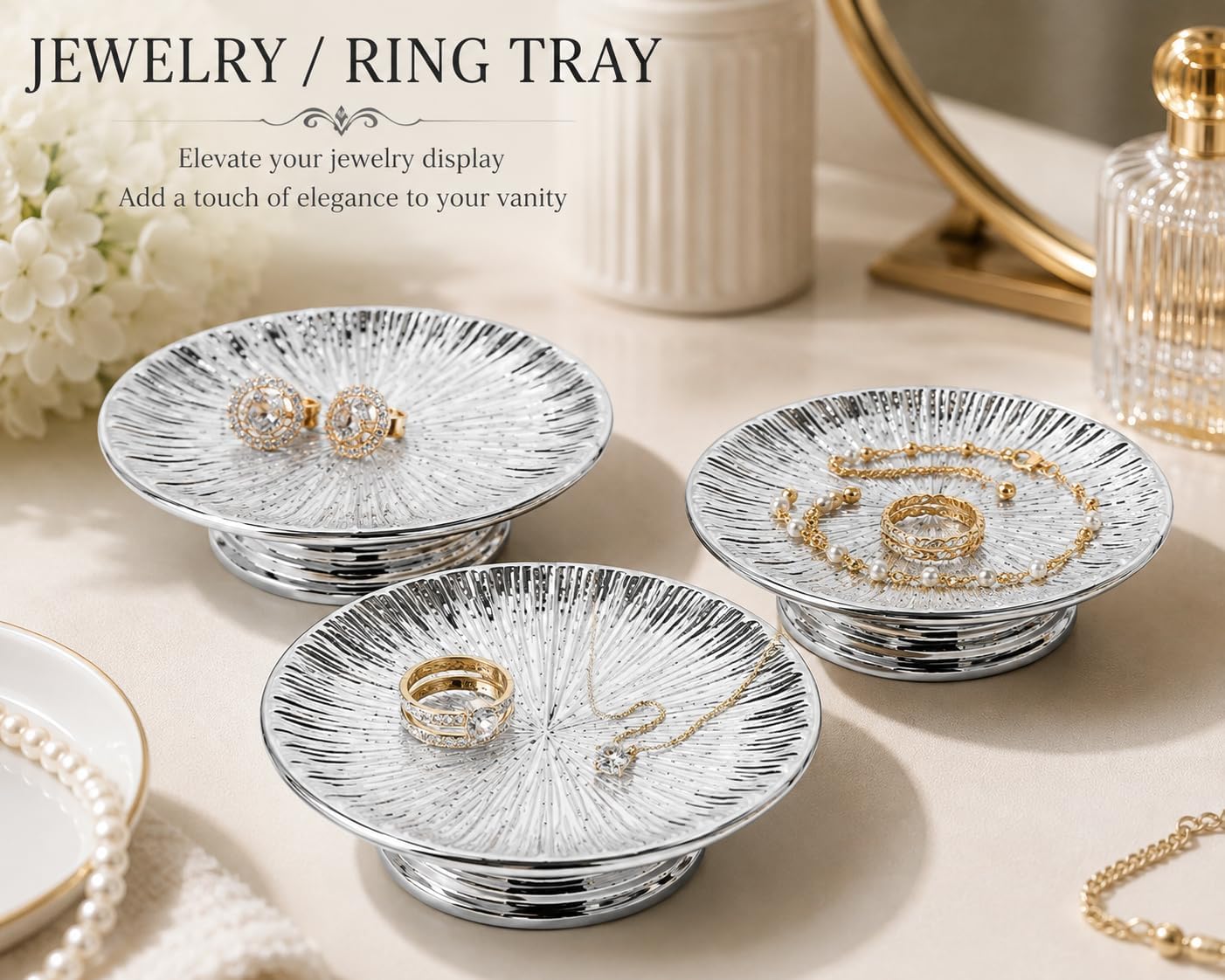Silver Ceramic Decorative Tray Set of 3, Electroplated Sunburst Jewelry Trays, Small Candle Holder Plates, Soap Dishes & Trinket Trays for Bathroom, Vanity, Bedroom & Home Decor image 3