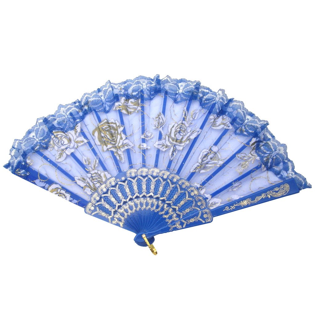 TRENDBOX Elegant Vintage Retro Flower Rose Lace Handheld Chinese Folding Fan For Dancing Ball Parties Ladies - Deep Blue