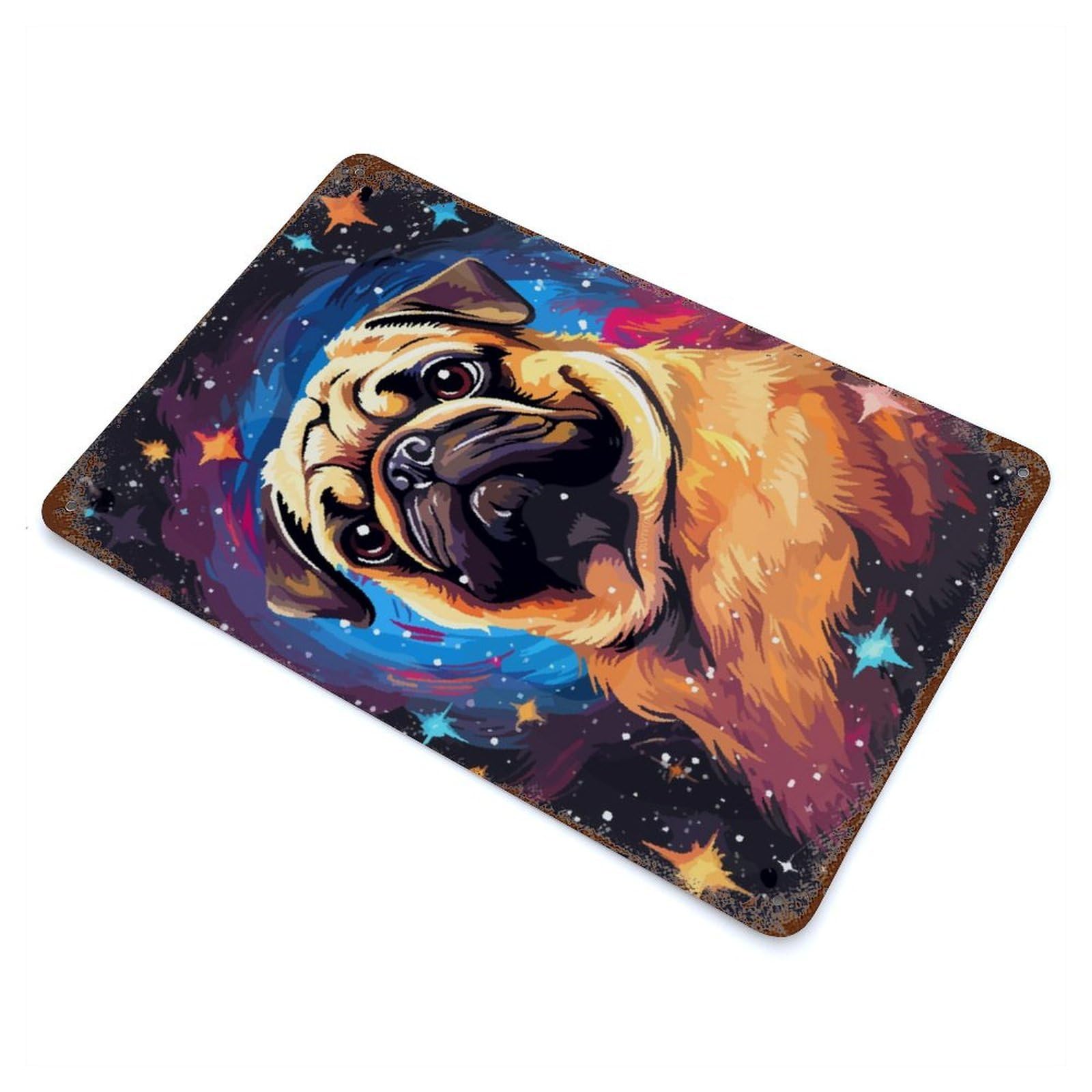 Pug in Space Pixel Art Decorative Tin Sign 11.8"x7.9", for Bistro, Counter And Cafe Decor, Retro Wall Decor