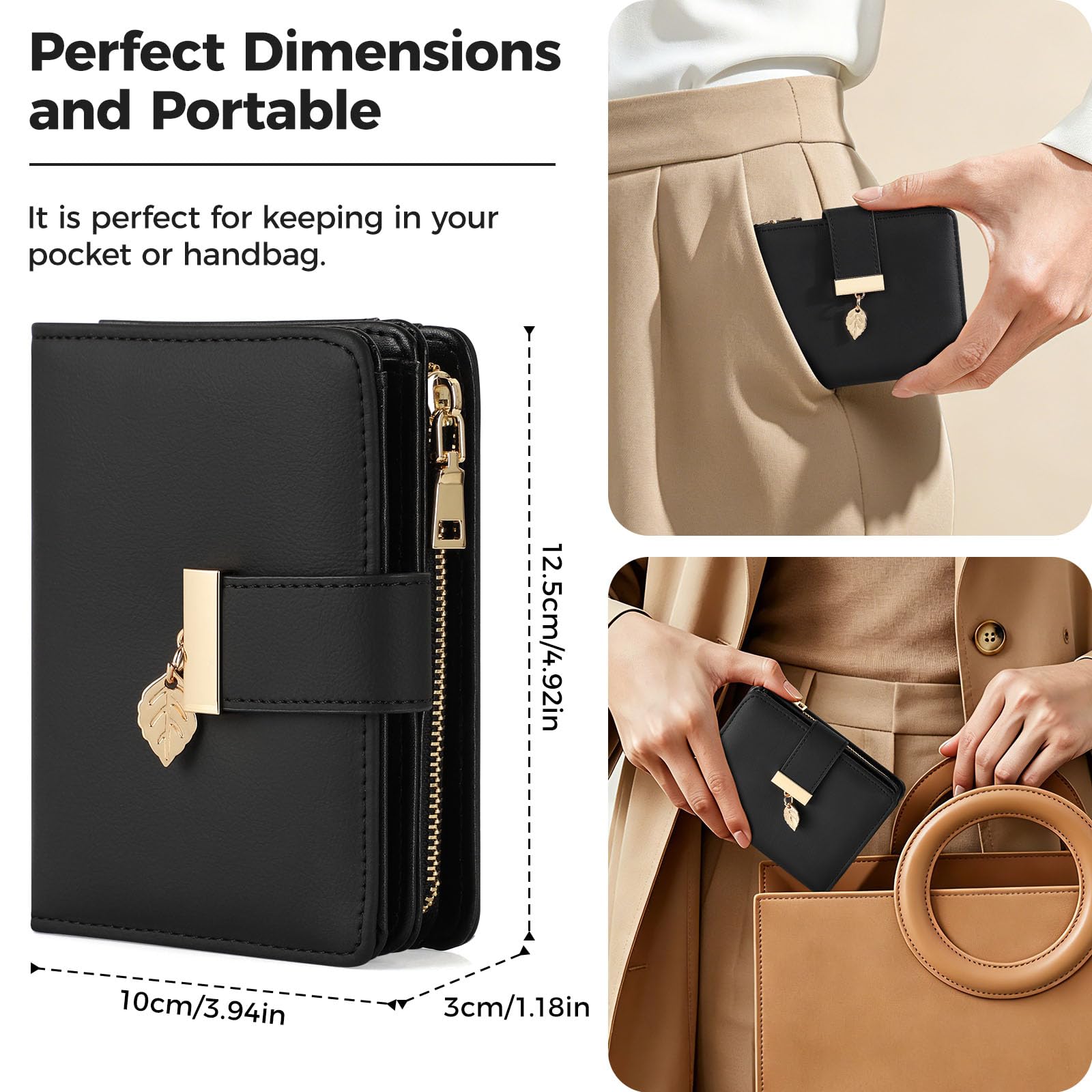 Porte Monnaie Femme,Portefeuille Femme Cuir Blocage RFID Petit Portefeuilles et Porte-Cartes avec Fermeture éclair Poche à Monnaie et Fenêtre ID Pendentif Feuille,Blanc