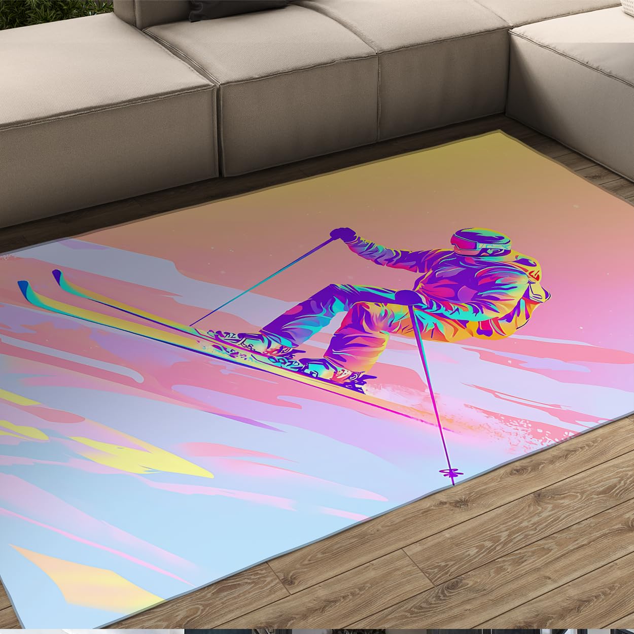 Vibrante Skier Design Area Tappeto Sport Tema Tappetino da Sci Decorativo Lavabile Non Spargimento Antiscivolo Tappeto a pelo corto per dormitorio soggiorno 90x180cm