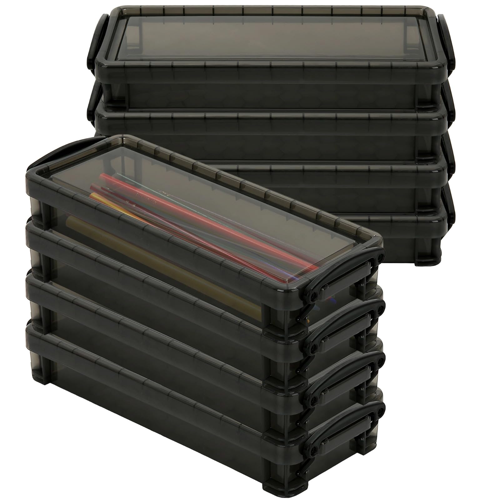 8 estuches para almacenamiento de escritorio, plástico semitransparente, diseño rectangular negro, cierres a presión, gran capacidad, apilables y compactos, para escuela, oficina y uso doméstico