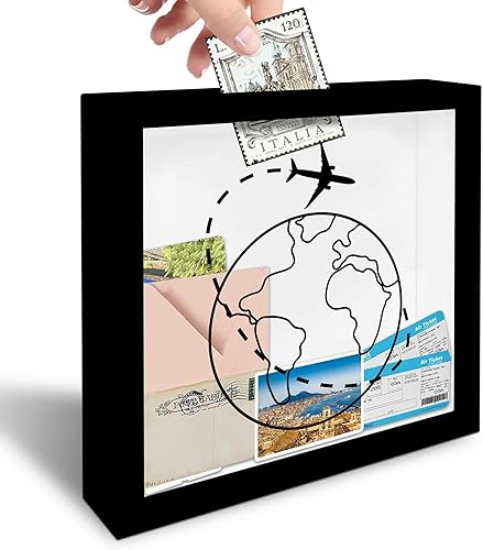 Marco negro de caja de sombra de viaje de 8 x 8 pulgadas, boceto de mapa global, pantalla de viaje de madera ahorradora de memoria con ranura para