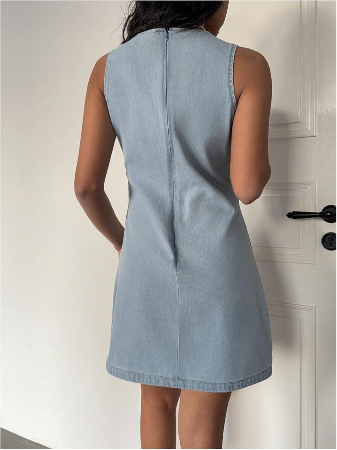 SOLY HUX Women's Denim Mini Dress Deep V Neck Bow Tie Front Sleeveless A Line Summer Jean Dresses - Image 2