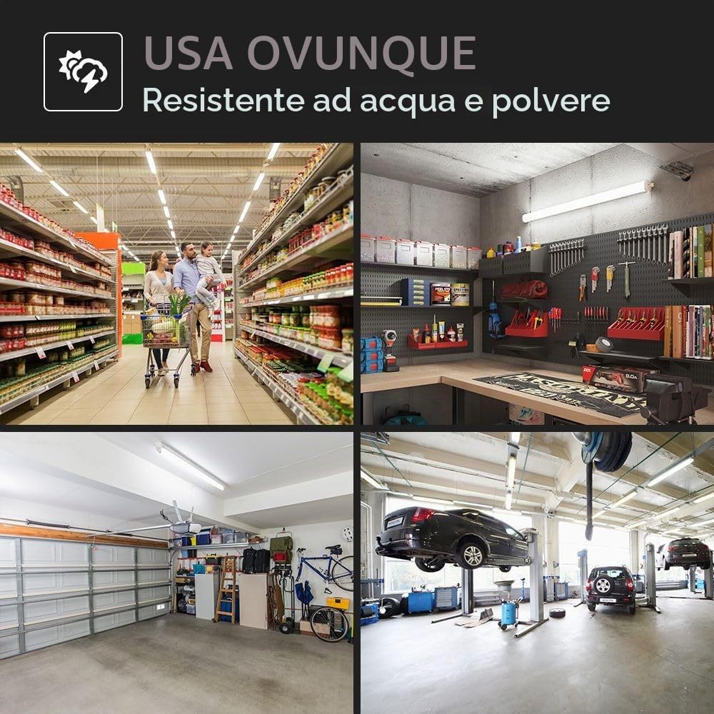 HOFTRONIC - 4x Plafoniera LED Impermeabile per soffitto IP65 120 cm - 36 W 4320 Lumen - 4000 K luce Bianca Neutra - Collegabili - IK07 - Lampada per Garage Cucina Officina Ufficio Bagno Magazzino