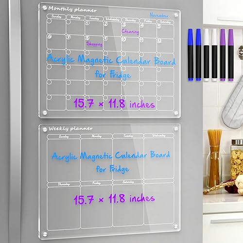NPPLUS Calendario mensual y semanal magnético acrílico para refrigerador, juego de 2 juegos de calendario magnético transparente de borrado en seco