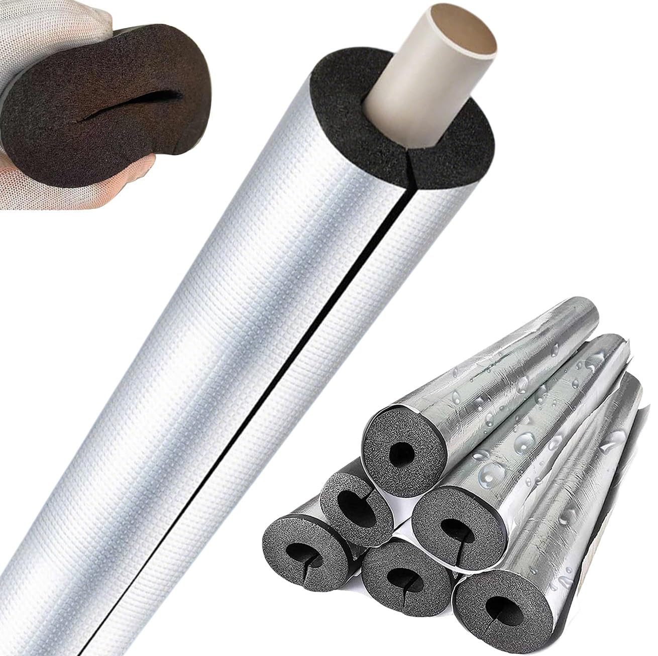 Tubo de Espuma, Fundas de Aislamiento Térmico para Tuberías Exteriores, Coquilla Aislante de Papel de Aluminio Autoadhesivo, Aislamiento para Tubos de Agua y Calefacción (ID)219mm x (T)10mm x (L)0.95m