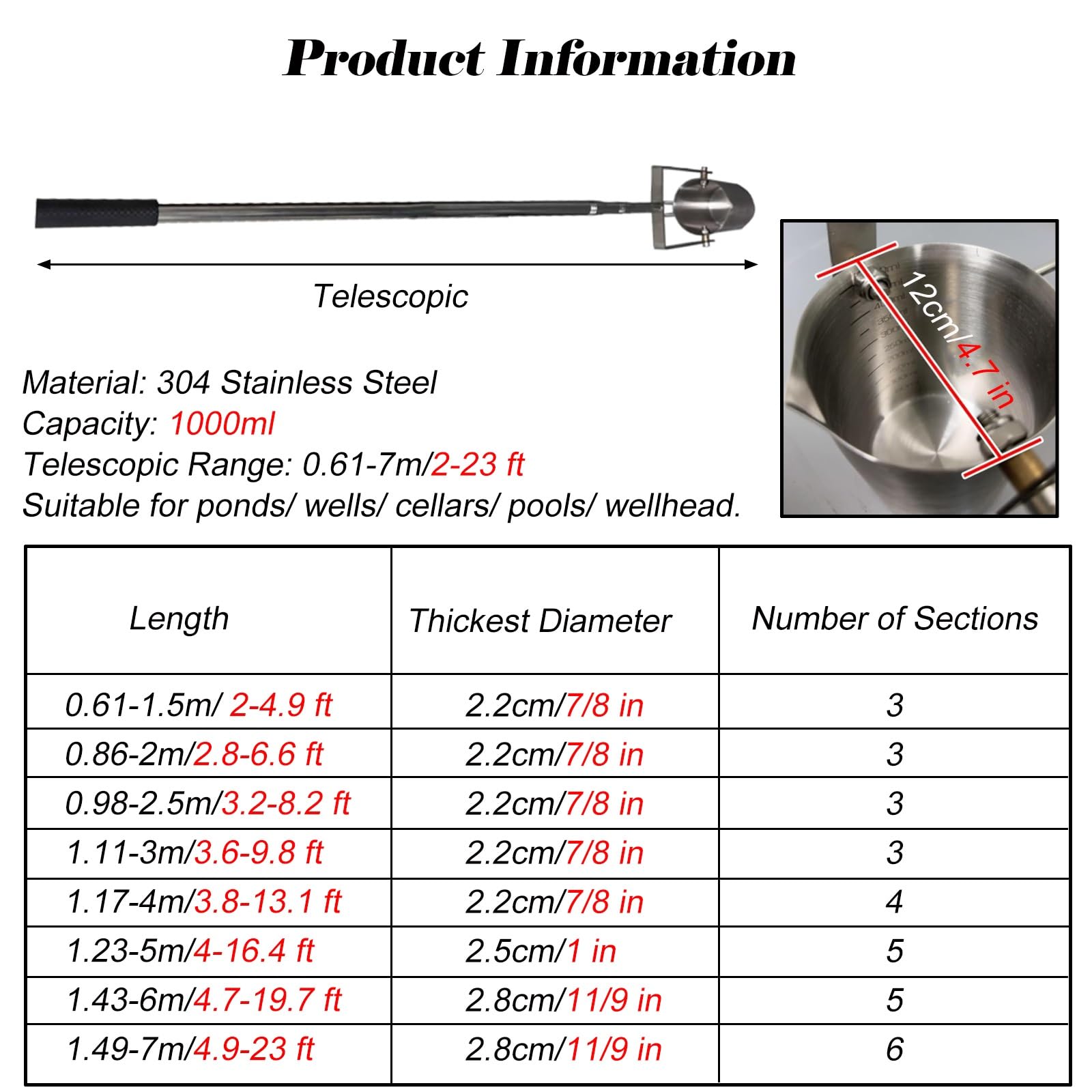 MZZKFC 24-275.6 in 304 Stainless Steel Liquid Sampler Pole, Length Adjustable Water Sampling Spoon with Graduated, Telescopic Liquid Dipper for Overhead Picking(46.1-157.5 in/3.8-13.1 ft)