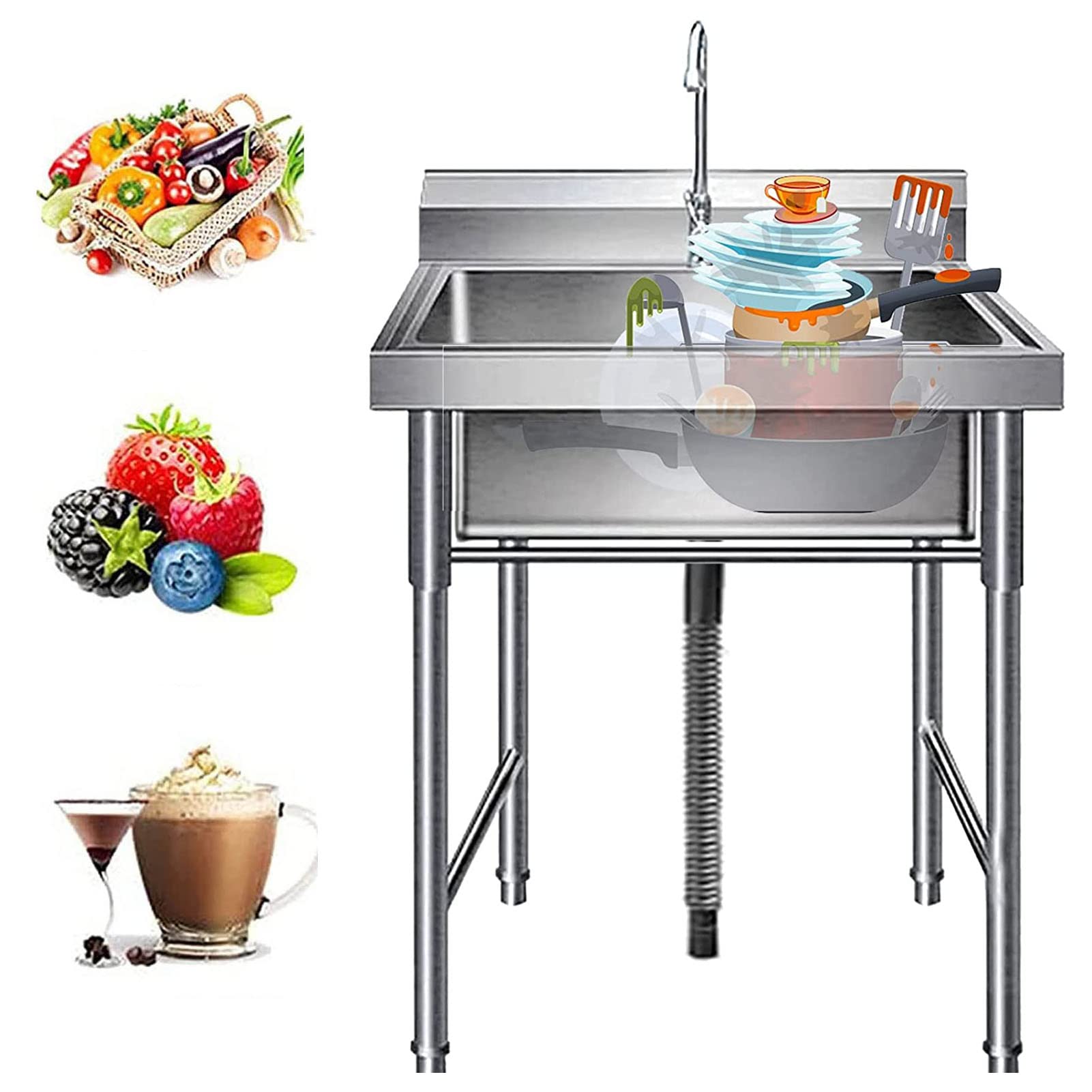 Plonge inox 304 pour garage et buanderie avec grand bac individuel et robinet sur pieds