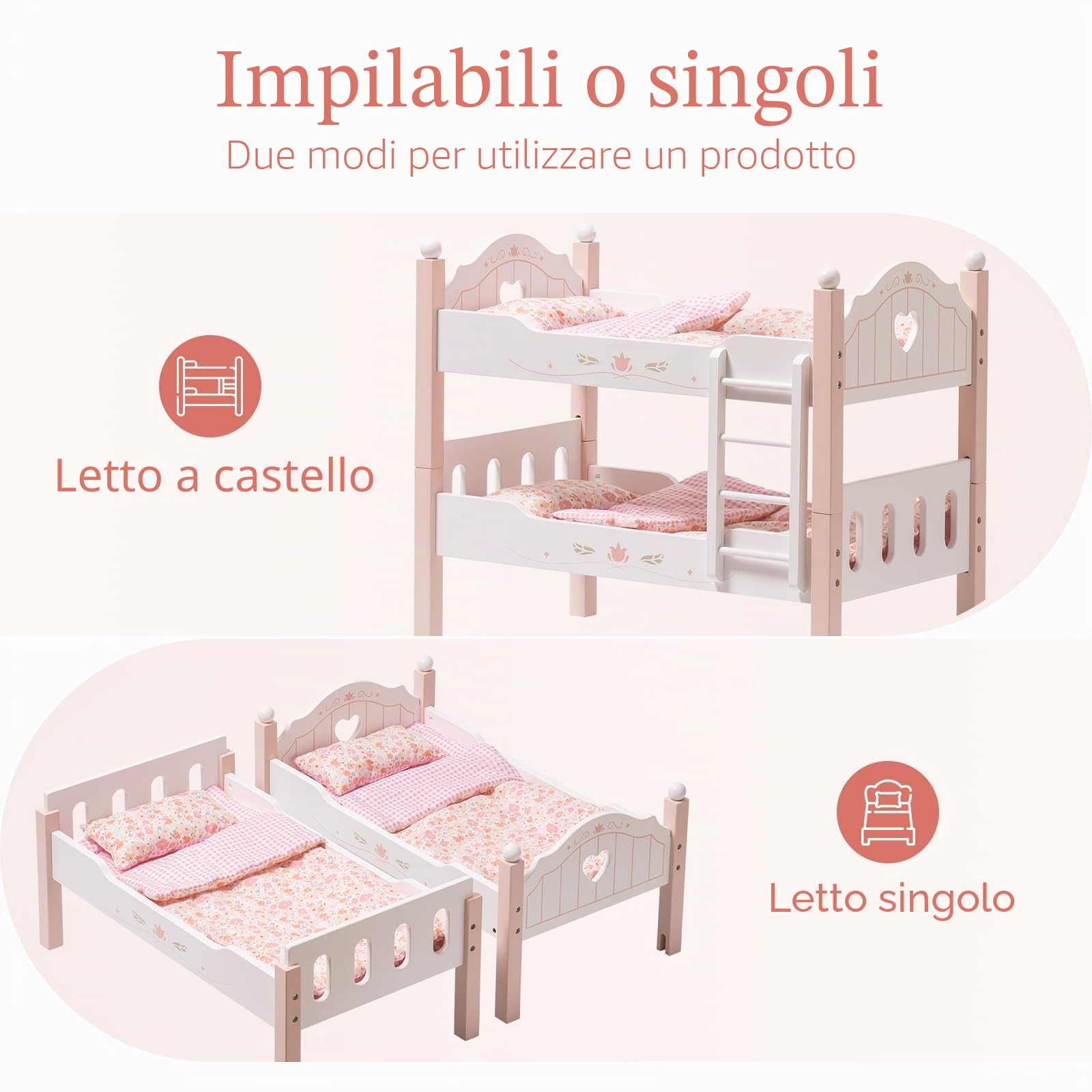 ROBOTIME letto a castello in legno, letto trasformabile con scaletta e biancheria, per letti per bambola impilabili da 18 pollici, accessori perfetti
