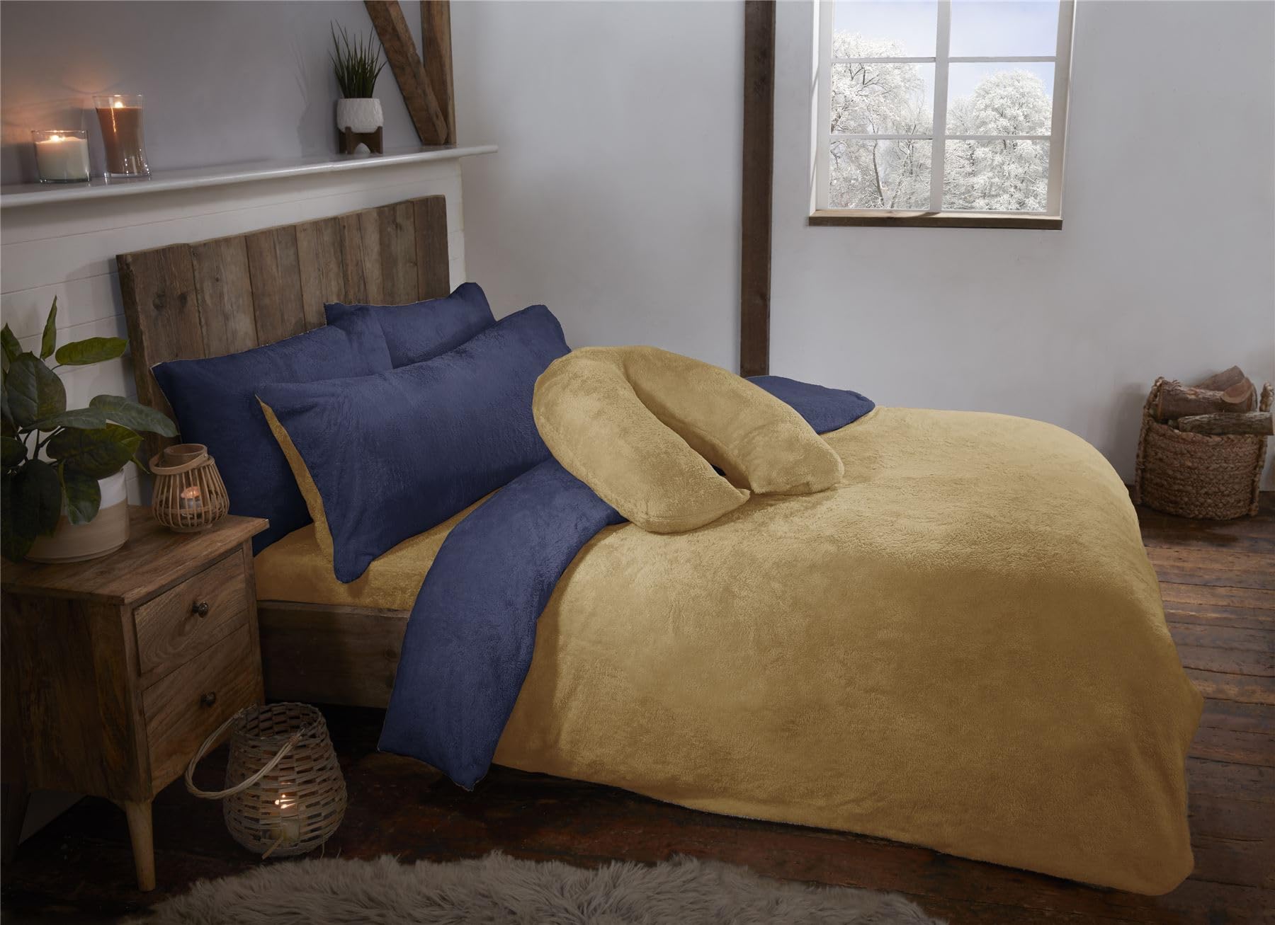 Littens Luxury Ochre Yellow & Navy Blue Reversible Teddy Fleece Fur Soft Cosy Single Bed Size Duvet Quilt Cover Set Including Pillowcase, Thermal Warm, Energy Efficient (135cm x 200cm) โ image 1