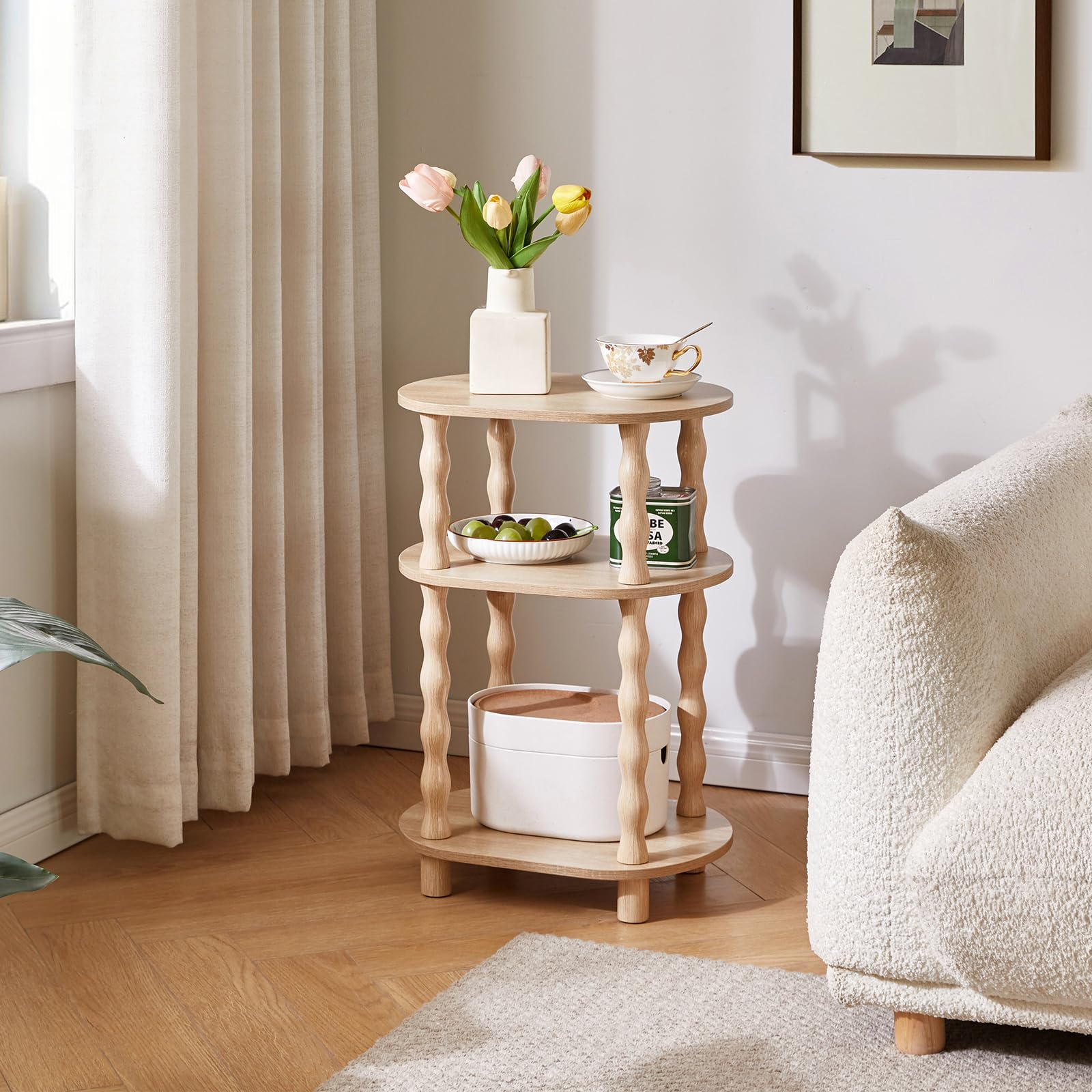 Aibiju Mesa Auxiliar de 3 Niveles con Patas de Madera Maciza, Pequeña Mesa Auxiliar Ovalada, Mesita de Noche con Estante para Dormitorio, Sala de Estar y Pasillo, Roble YD-ST004R