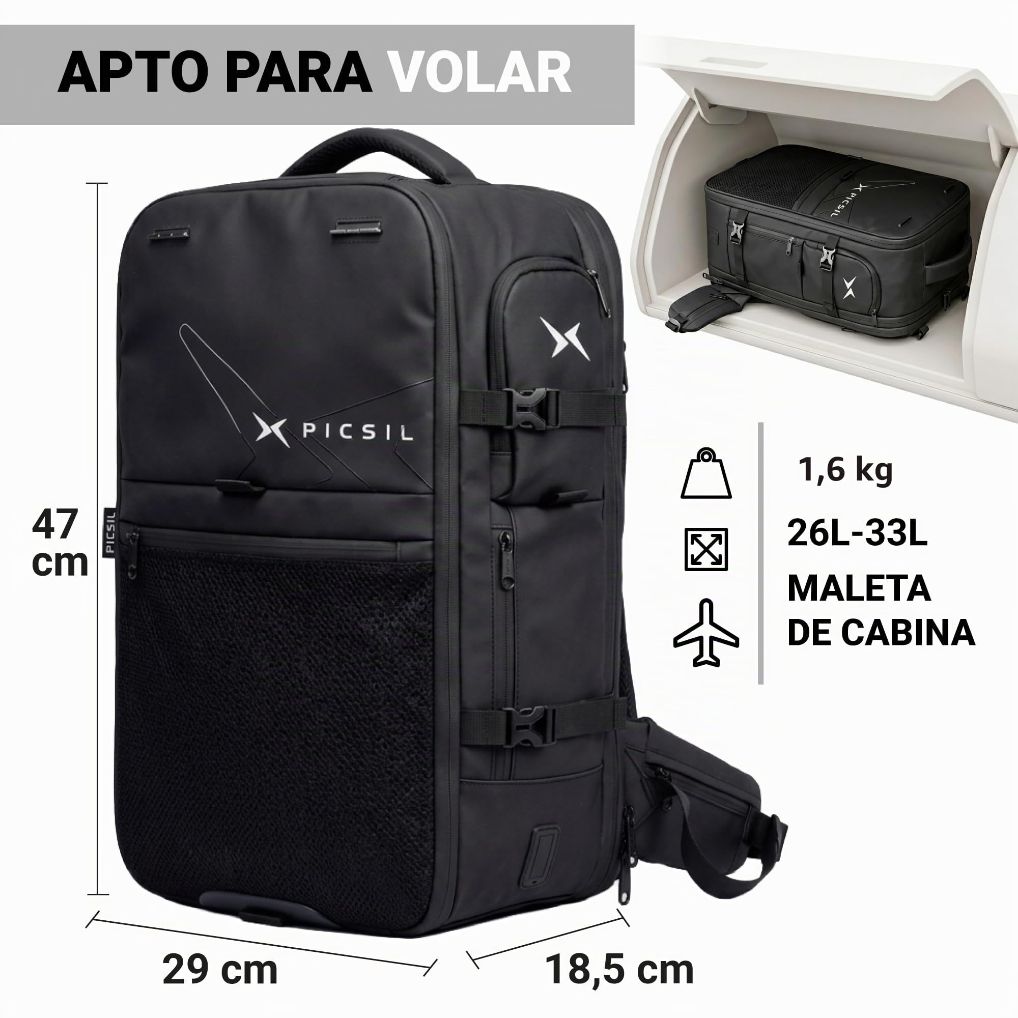 PICSIL Horizon, Mochila Cabina Extensible 26L-33L, Comparimento PC - Moss | 47x29x18,5 cm aptas para avión. Diseño modular impermeable, puerto USB-C y apertura 180°. Zapatillero y bandas trolley.