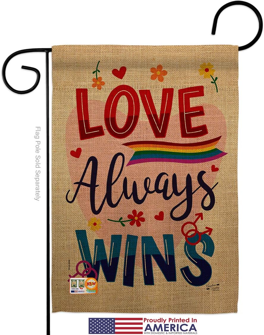 Love Always Wins Garden Flag Set Wall Holder Support Pride Rainbow LGBT Gay Bisexual Pansexual Transgender Small Decorative Gift Yard House Banner Made In USA 13 X 18.5