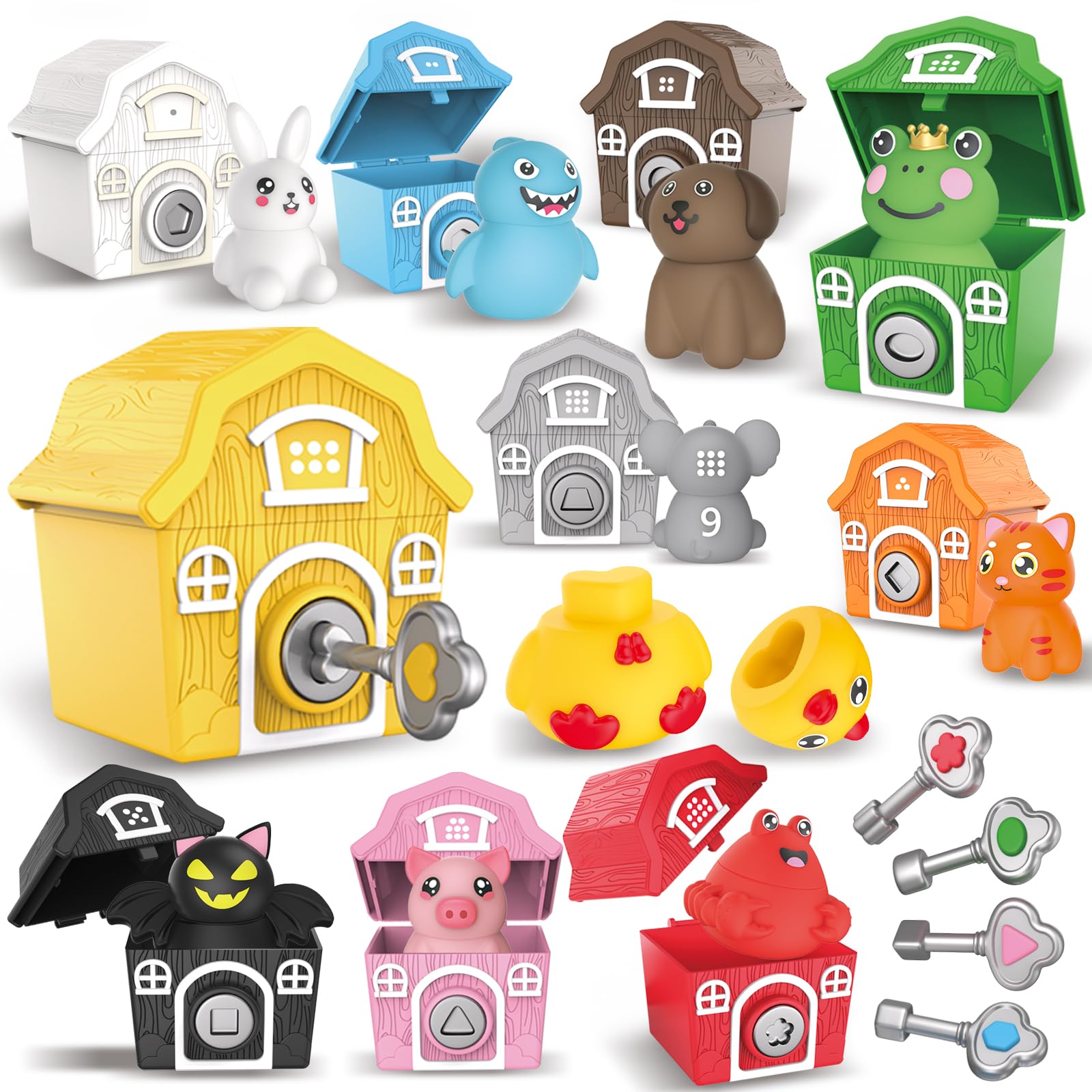 Grarain Animal Toys for Toddlers,30 Piece Farm Animal,10 Farm Animals and 10 Barns,10 Keys,Montessori Counting,Matching and Sorting Fine Motor Sensory Toys