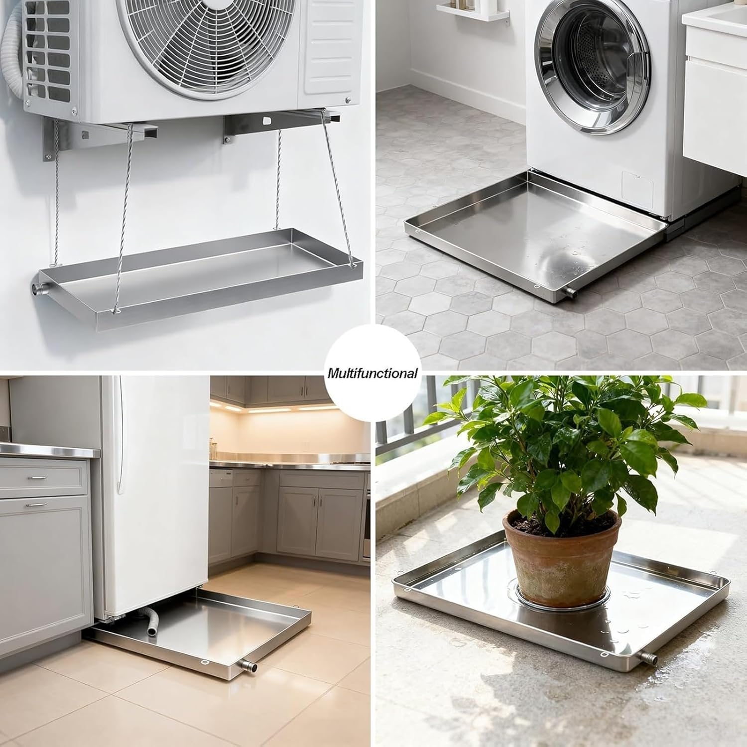 Portable Air Conditioner Drip Tray Condensate Drain Pan, 304 Stainless Steel Away Tray with Hose, Universal Window Ac Drain Pan Kit HVAC for Split Air Conditioner (14.5x31.5 in)
