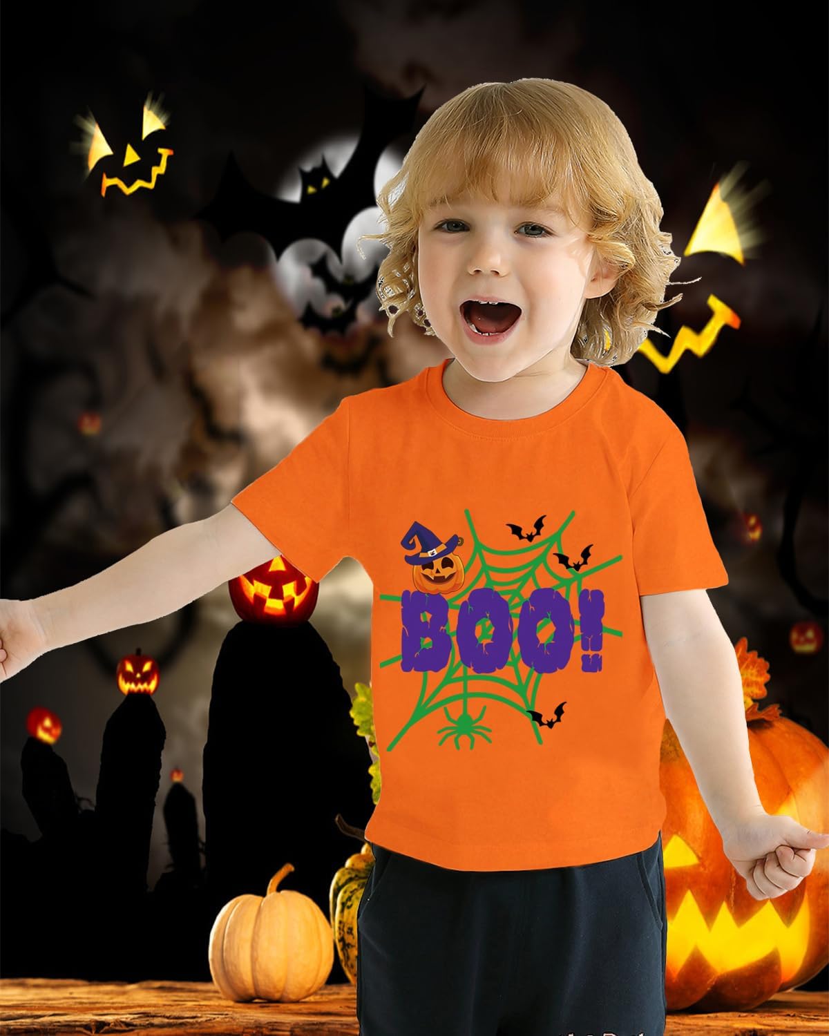 CM-Kid Toddler Boy Girl Halloween Pumpkin Shirt Short Sleeve Pumpkin Face Tshirt for Kids Cotton Tops 2-7 Years - Image 2