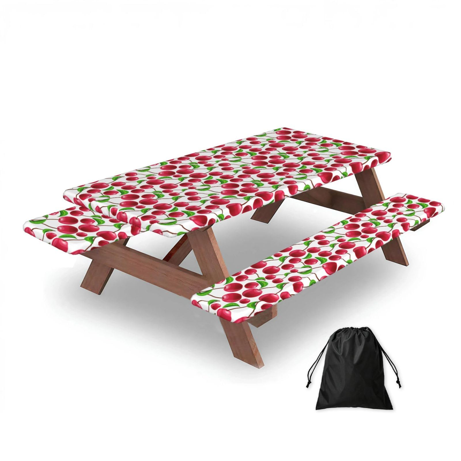 Dopklna As Picture Red Cherries Printed, Picnic Table Cover With Bench Covers -Waterproof Elastic Fitted Tablecloth For Garden Camping Patio 76X152cm