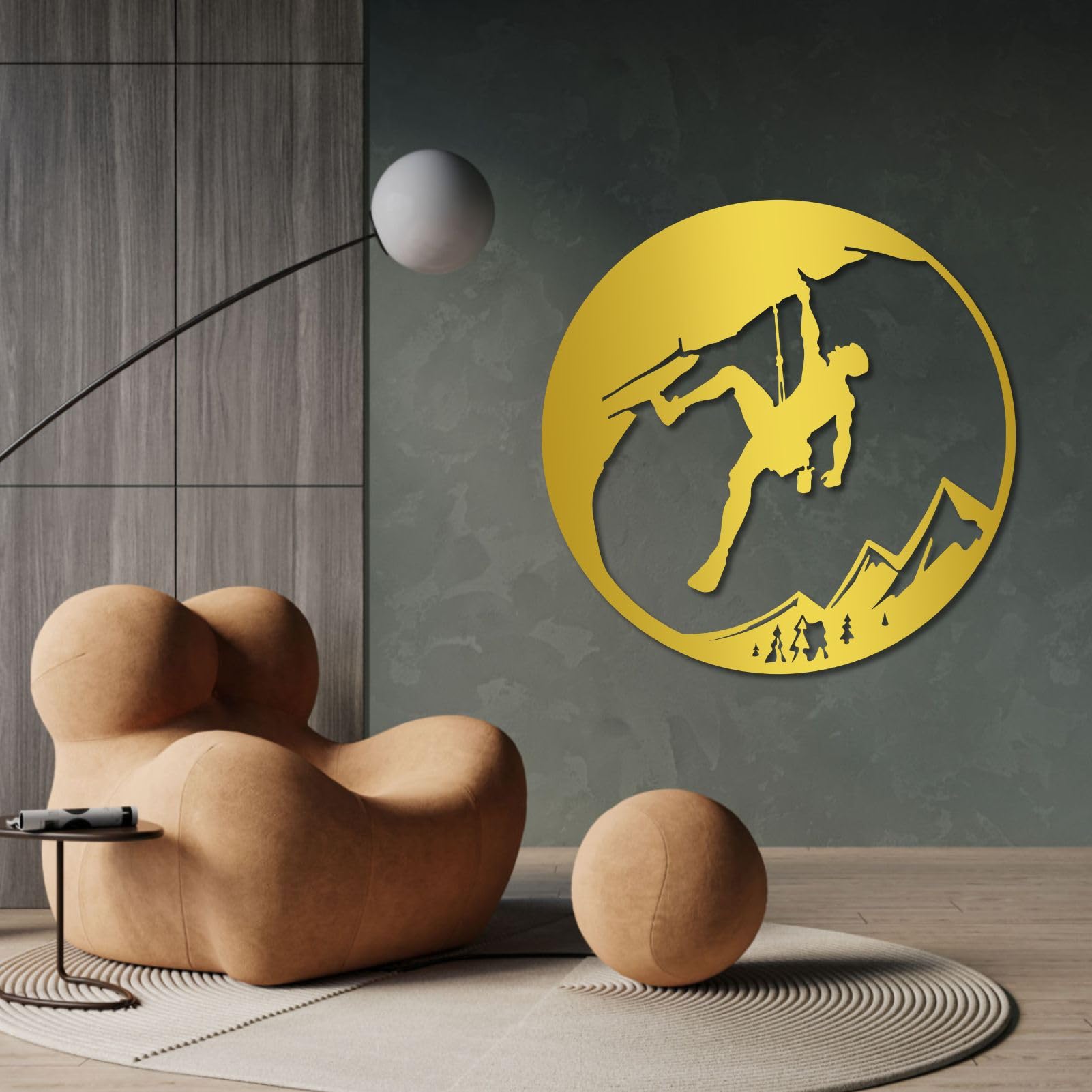 Großes abstraktes Wandbild aus Metall, Motiv: Felskletterer, Dekoration für Klettersport, Dekoration für Bergabenteuer im Freien, für Wohnzimmer, Schlafzimmer, Büro, Männerhöhle (Silber, 47 cm B