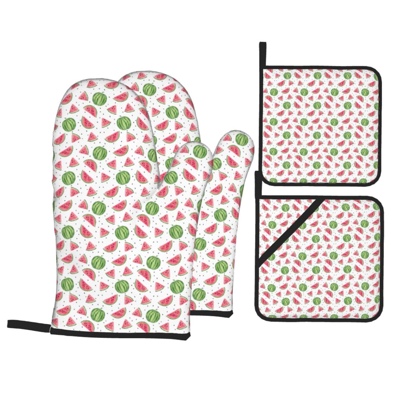 Watermelon fresh fruit Print 4-Piece Oven Microwaving Set Waterproof Kitchen Gloves for Baking Grilling Cooking
