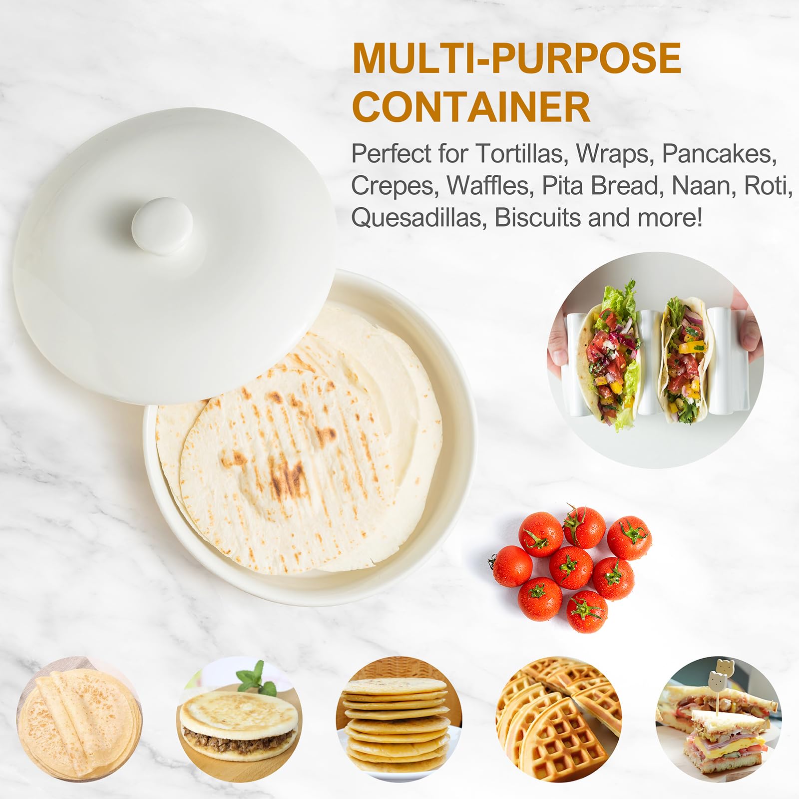Große Tortilla-Wärmer mit Deckel, 22,6 cm, geprägte Keramik-Tortilla-Halter, ofenfest, Taco-Dienstag, Taco-Bar, mikrowellengeeigneter Frischhaltedose, Brotwärmer, Pfannkuchenwärmer, Weiß