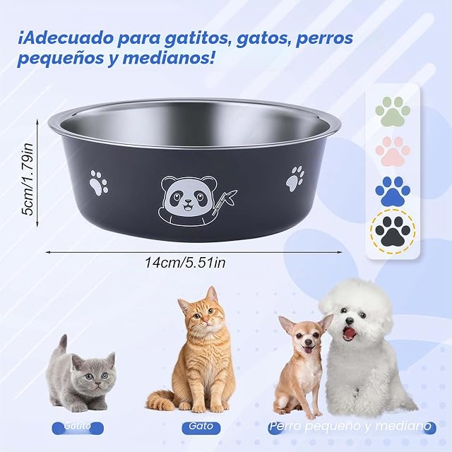 Foto 4 de 7 de Juego de 4 Cuencos para Gatos de Acero Inoxidable 14 cm, Cuencos Antideslizantes para Comida y Agua
