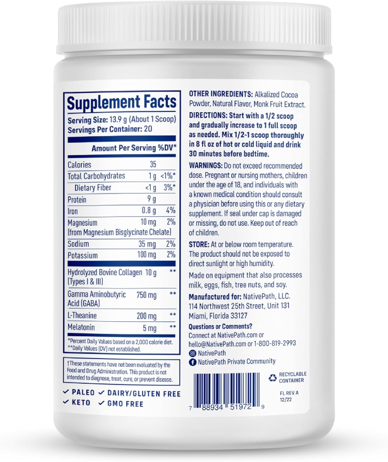 NativePath Collagen PM - Chocolate Nighttime Collagen Peptides Powder with Magnesium, GABA, L-Theanine and Melatonin - 20 Servings