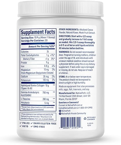 Miniatura 3 de NativePath Colágeno PM - Polvo de péptidos de colágeno nocturno de chocolate con magnesio, GABA, L-teanina y melatonina, 20 porciones
