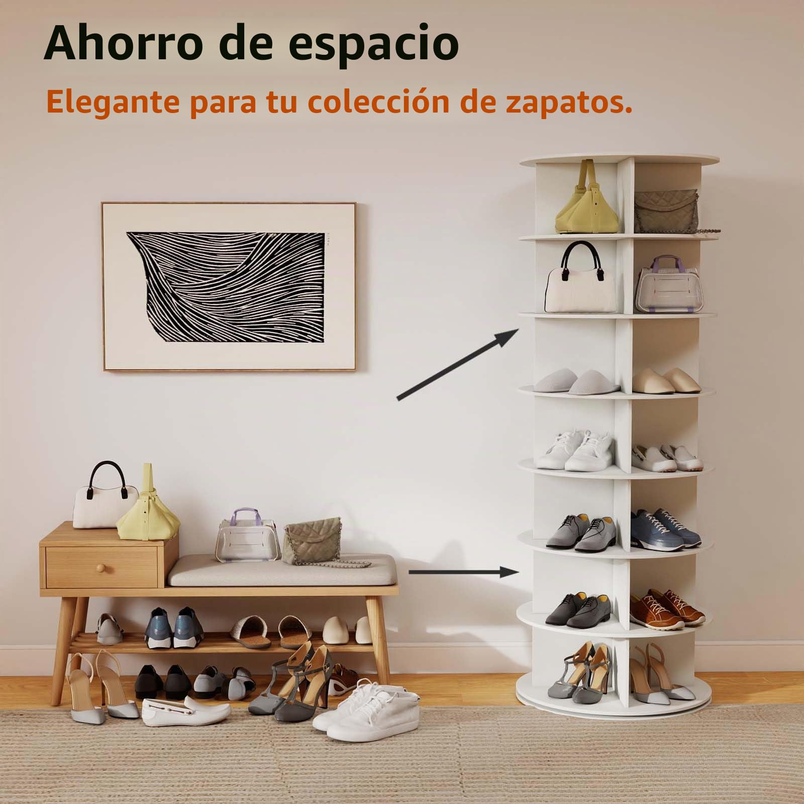 Zapatero Giratorio 7 Niveles, 360°Rotación, Vitrina Redonda de Gran Capacidad, Organizador Zapatos, Zapatero Interior Armario, Blanco, MDF, 160 x 59cm