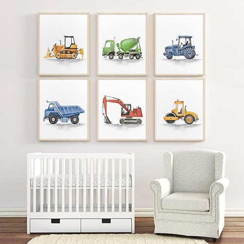 Miniatura 4 de Juego de 6 cuadros artísticos para pared de camiones para niños, lienzo, decoración de pared para construcción de niños pequeños, acuarela, camión,