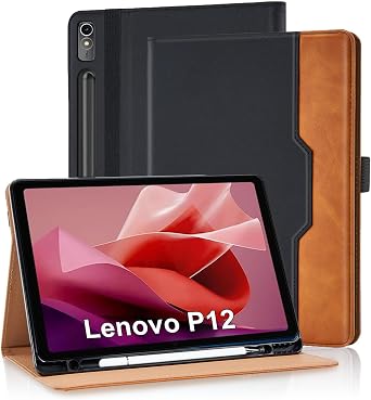 Case for Lenovo Tab P12 12.7 inch 2023 with Pencil Holder Model TB370FU PU Leather Folio Cover with Auto Sleep/Wake Multi Angle Stand - Black