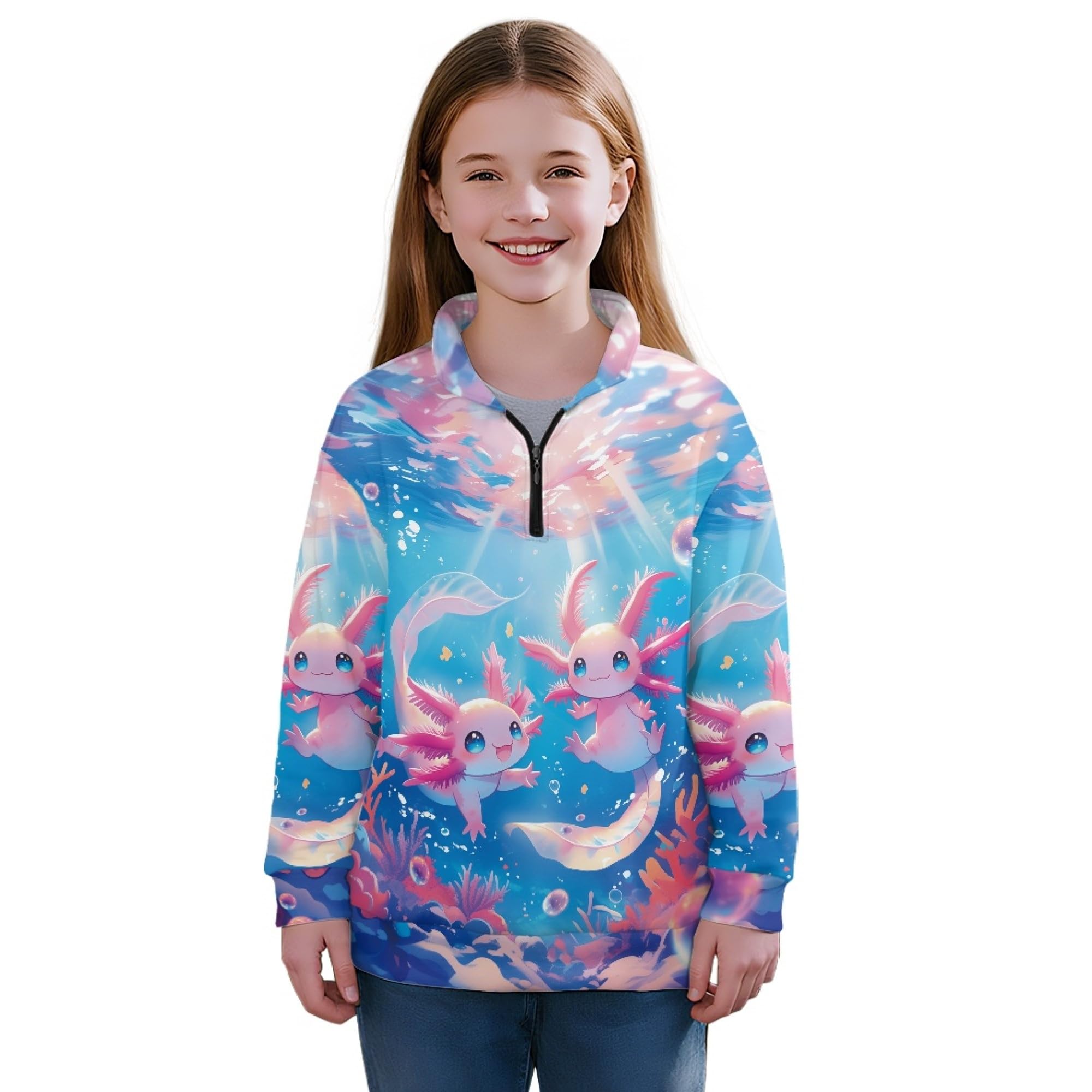 AmzPrint Girls Graphic Quarter Zip Coat Long Sleeve Lightweight Oversized Athletic Running Hoodies For Kids Teen Girls