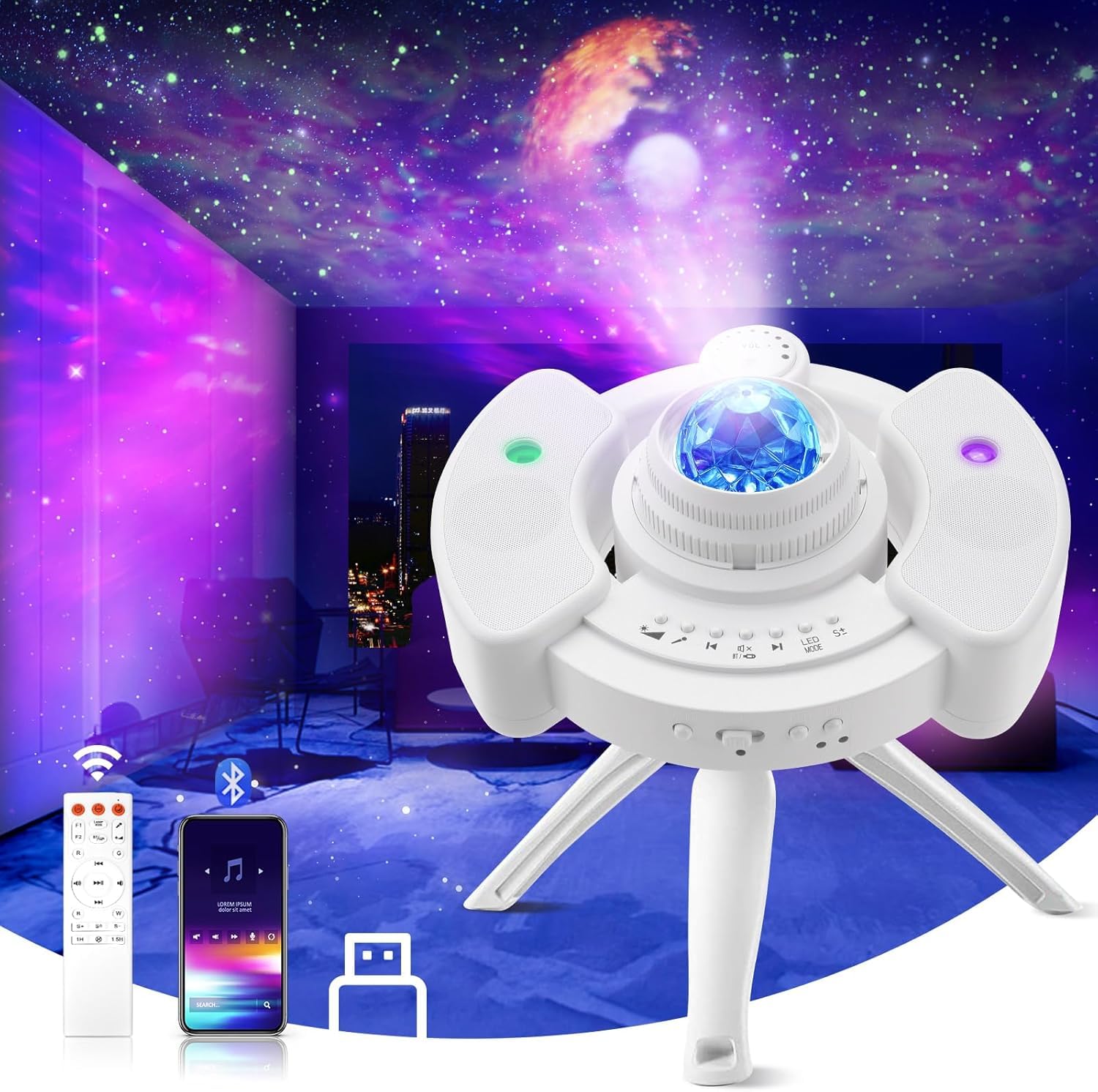 LED Sternenhimmel Projektor, Projektor Sternenhimmel mit 360°Drehen/Bluetooth Lautsprecher/Remote für Kinder Erwachsene, 4 in 1 Planet Galaxy Sternenprojektor, Party Geburtztag Schlafzimmer Heimkino