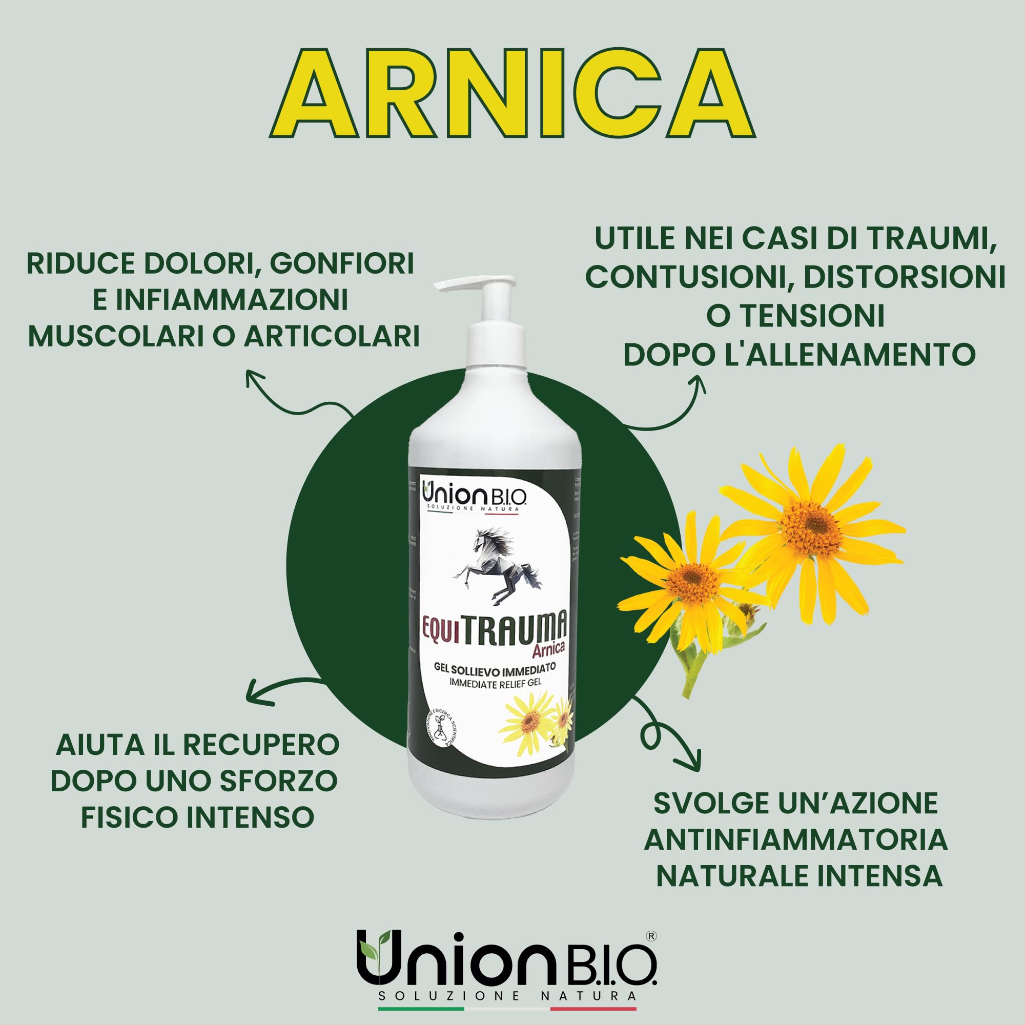 UNION B.I.O. SOLUZIONE NATURA Equitrauma Gel Arnica Montana per Cavalli e Uso Umano 1LT