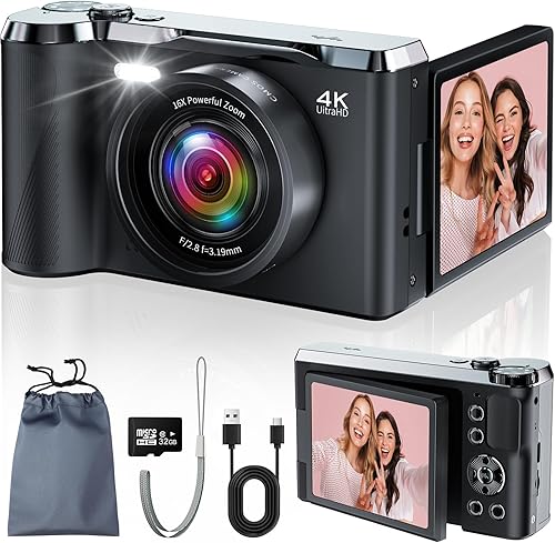 JDZ Cámara digital 4K para fotografía y video, cámara de videoblogs de 56 megapíxeles con enfoque automático para YouTube, pantalla giratoria de 3''