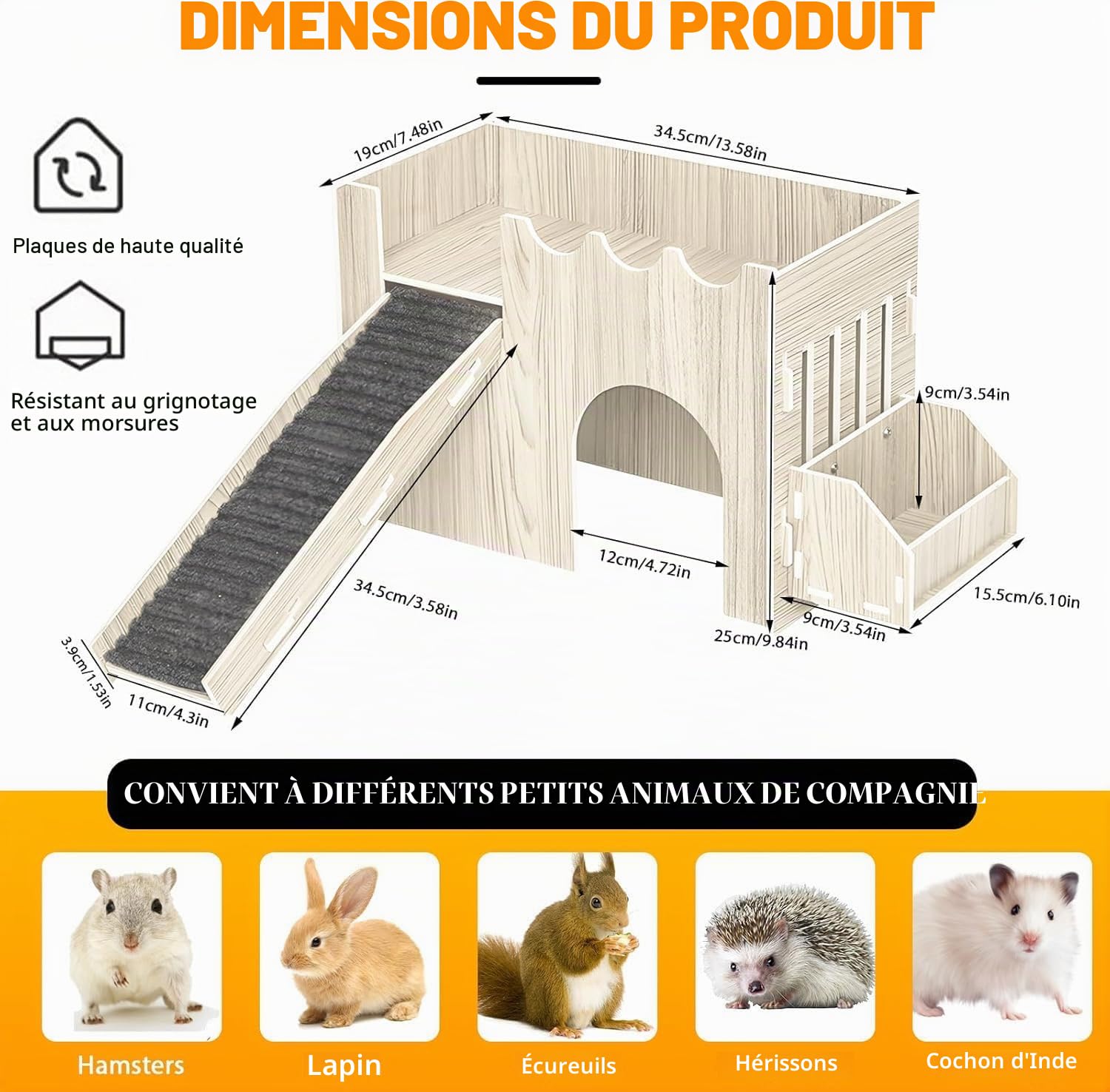 Maison pour Cochon d'Inde avec Bassin d'Alimentation, Cachette en Bois avec Escaliers, Jouet et Habitat Accessoire pour Lapin, Chinchilla