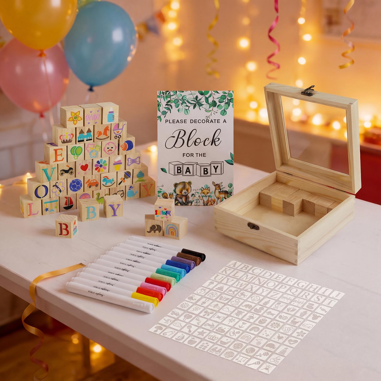 Lot de 161 jeux de fête prénatale, Ensemble de jeux baby shower, jeux créatifs en bois avec blocs de décoration, idées de jeux d'empilage, de construction et de peinture, idéal pour les fêtes