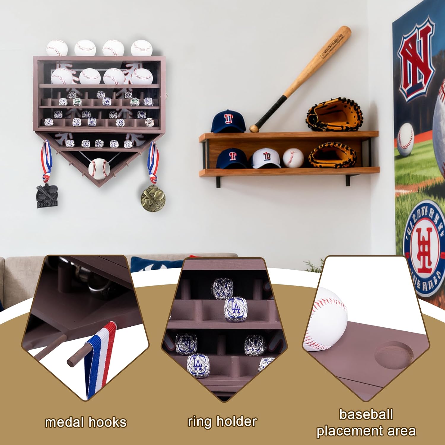 Baseball Ring Display Case, 17.9*16.9*4" , Accommodate 35 Rings, 9 Balls and 8 Medals, Championship Rings Medals Holder, Wall Mount Baseball Case Display, Equipped with a Dust-Proof Door