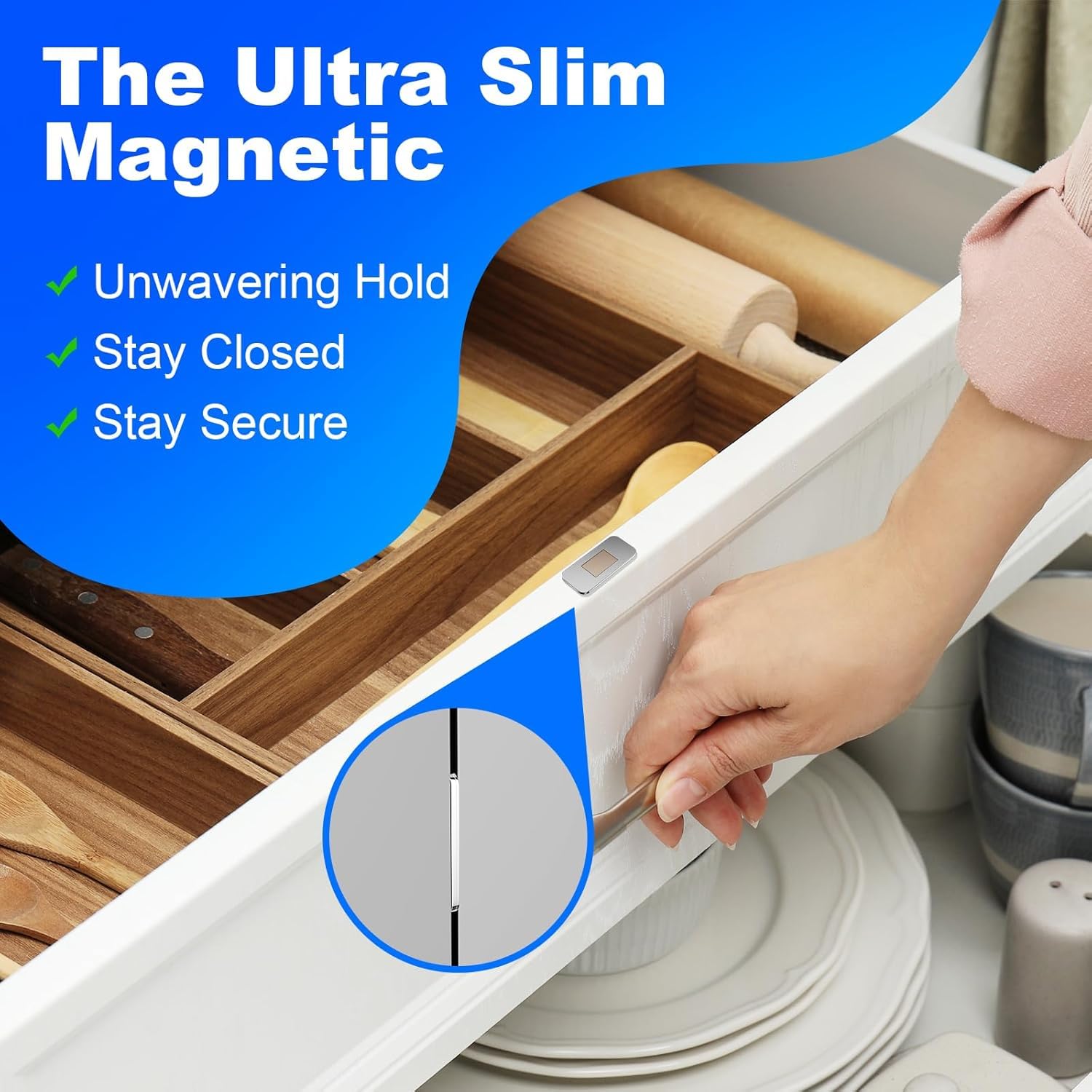 Magnetic Door Catch,5 Pack Ultra Thin Cabinet Magnetic Catch with Strong Adhesive Sticker & Screws,Slim Drawer Magnets Locks Furniture Safety Latches for Kitchen Cupboard Closet & Sliding Door — Amazon image 6