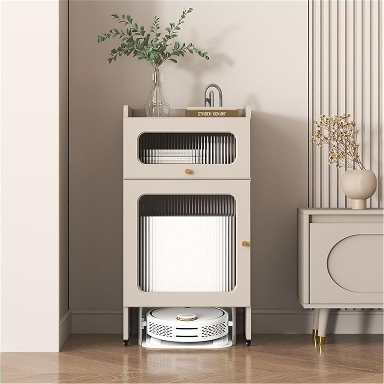 Robot Vacuum Storage Cabinet with Transparent Door Cube Table Hide Robot Vacuum Storage Shelf for Kitchen Bathroom Creative idea(Multi-Colored,92cm/36.2in)
